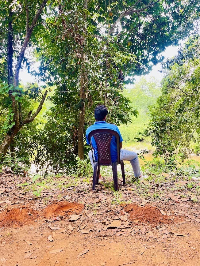 Sitting alone, looking out at trees and water.